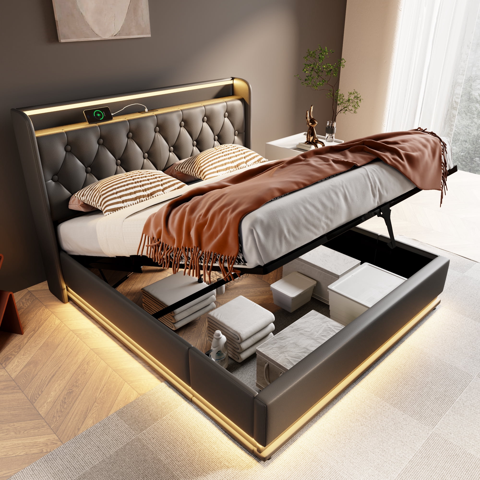 Euroco Upholstered King Size Platform Bed with Hydraulic Storage, 360 Surround LED Light PU Bed with USB Charging Station, Black