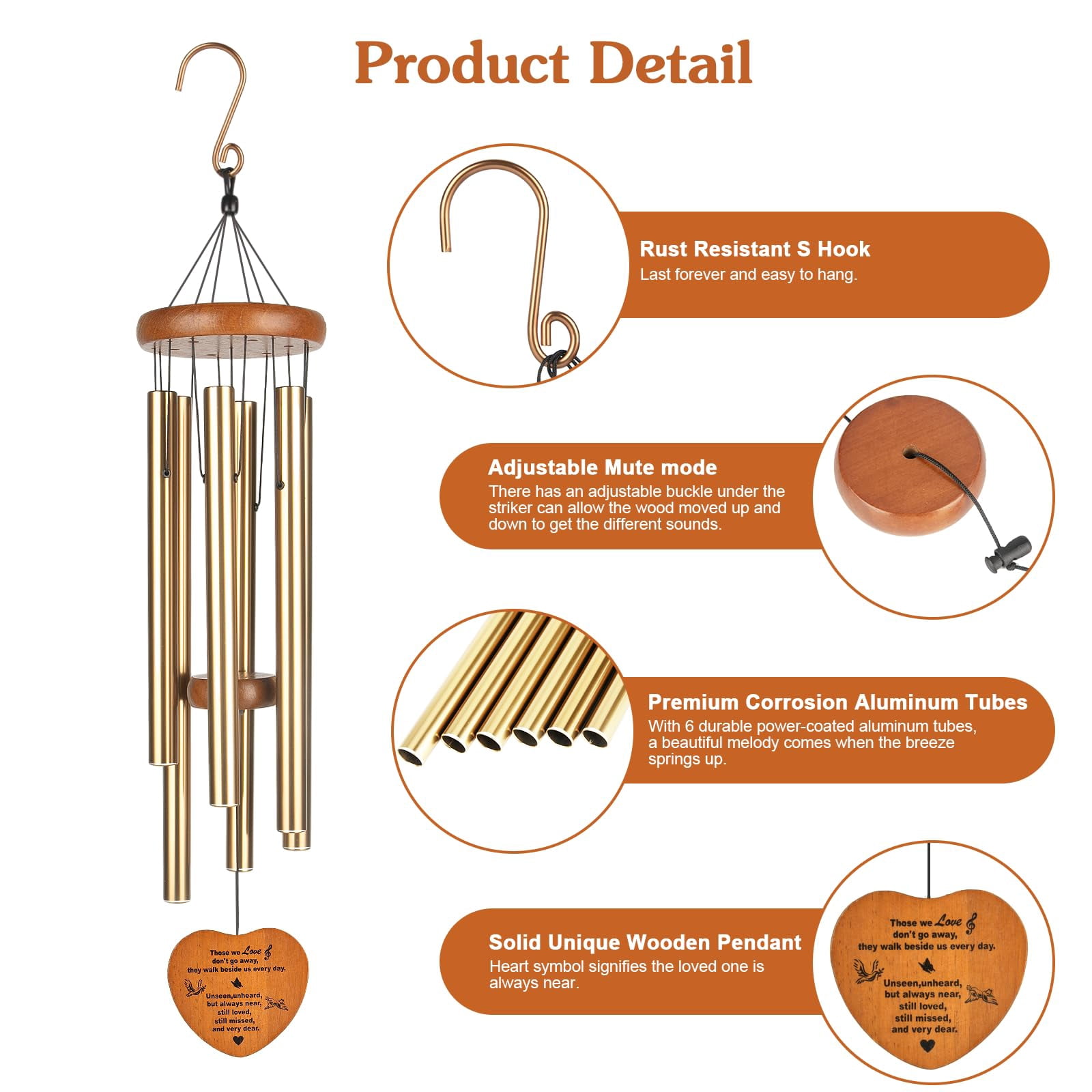 Memorial Wind Chimes  37" Large Outdoor For Loss Of Loved One Meaningful Sympathy Gifts In Memory Father Mother Or A