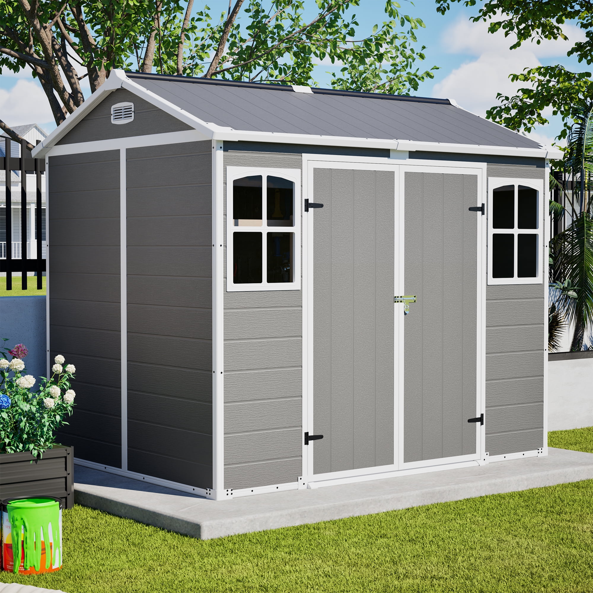 LZBEITEM 8' x 6' Outdoor Resin Shed  with Floor, Garden Plastic Storage Shed Durable, Heavy Duty Lockable Door & Window for Backyard