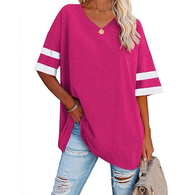 Camiseta de media manga para mujer con cuello en V a rayas, bloques de color, camisas holgadas de verano para oficina, trabajo, cumpleaños, rosa rojo M
