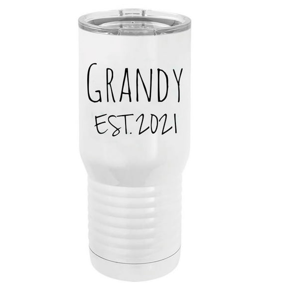 Grandy Est. 2021 Established Stainless Steel Vacuum Double-Walled Insulated 20 Oz Tumbler Travel Coffee Mug with Clear Lid, White