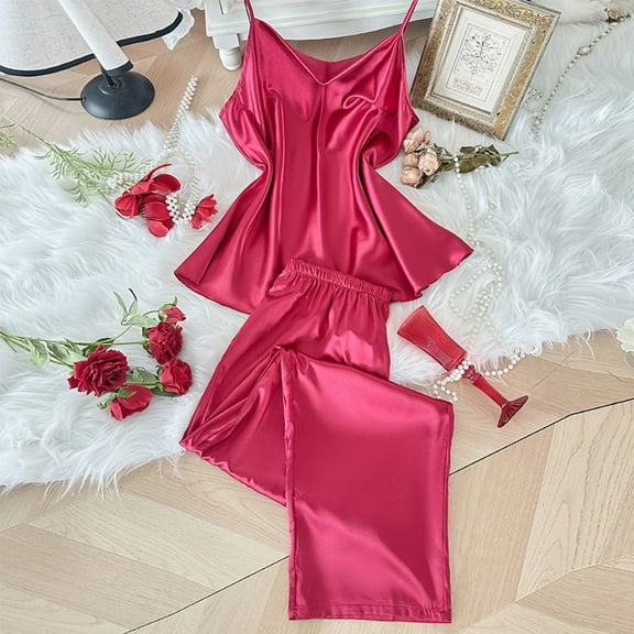 Plus Size Satin Pajama Sets for Women 2 Piece Cami Tank Tops Pant Set Soft Nightwear Elegant Sleepwear Outfits Ladies Nightgowns Red 3XL