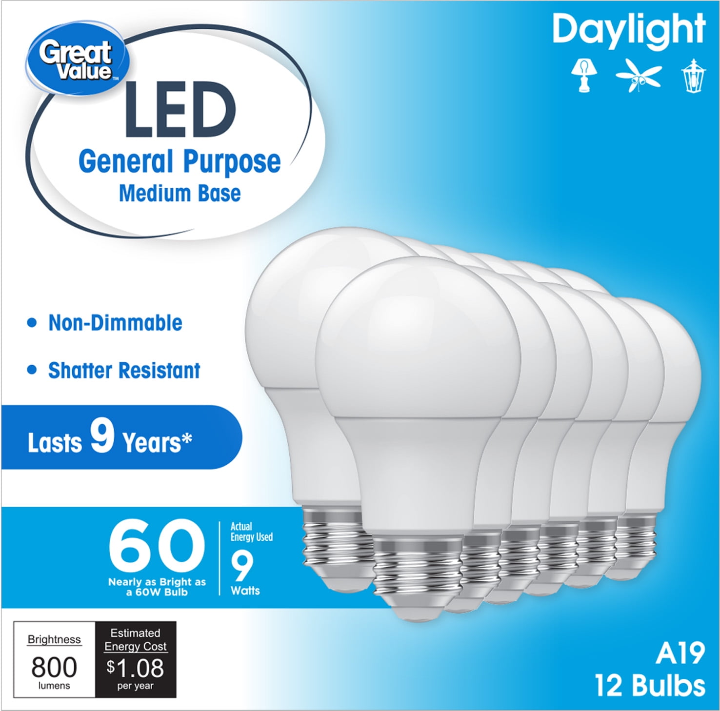 Great Value A19 LED Light Bulbs, 60 Watts Eqv, Daylight, General Purpose, 9yr, Medium Base, 12pk