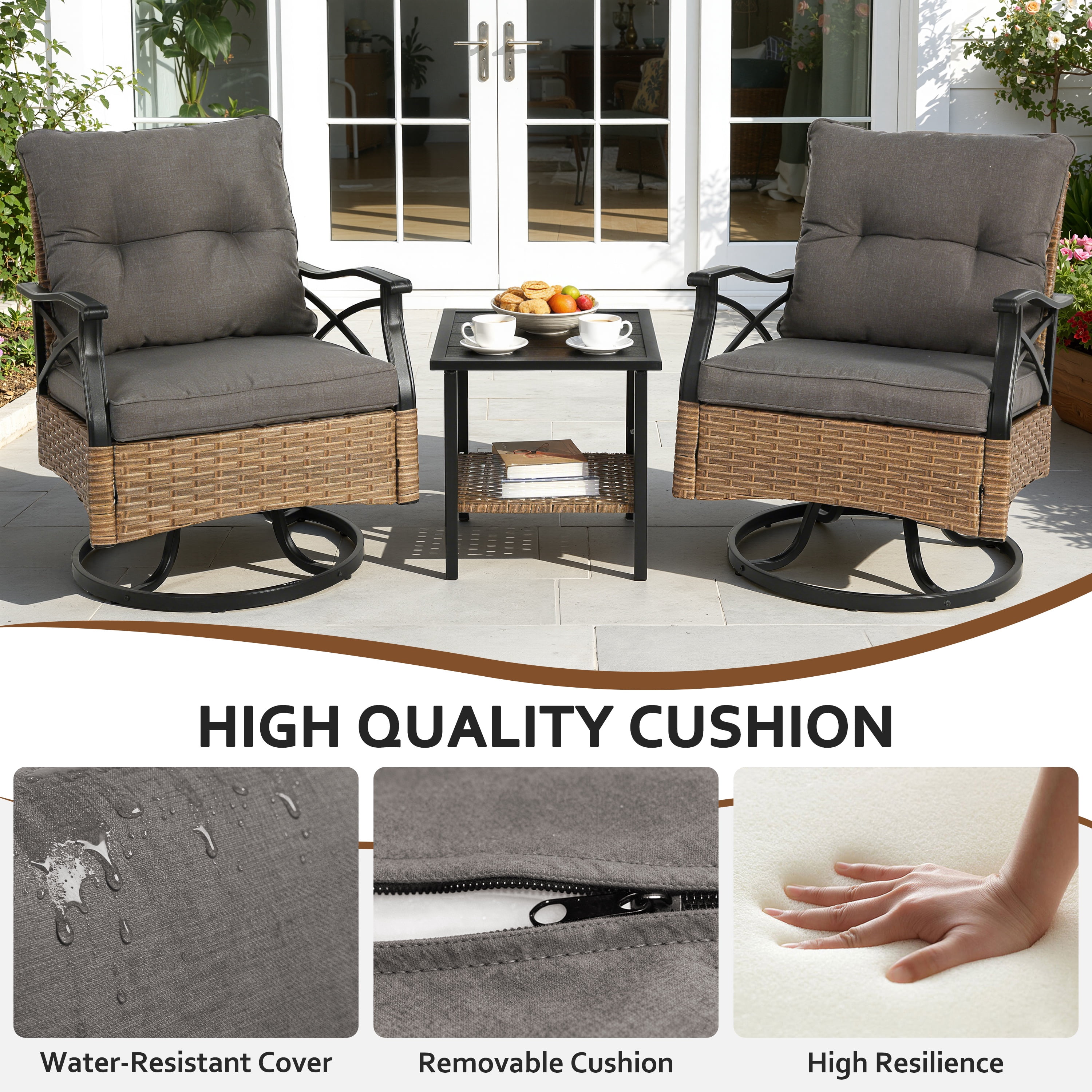 3 Piece Outdoor Bistro Swivel Chairs Set, Patio Bistro Set w/ 360° Swivel Rocking Chairs & Table, All-Weather Conversation Set with Metal Frame for Patio Backyard Porches or Garden - Gray