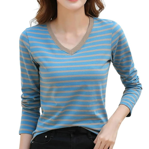 Women's Striped Long Sleeve Slim Fit V Neck T Shirt, 82% Polyester+12% Rayon+6% Spandex, Color Contrast, S XXXXL Sizes