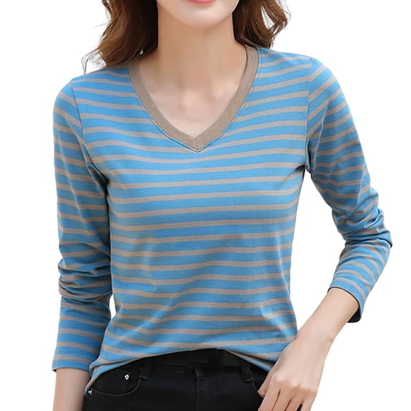 HUITKMM Long Tshirts for Women Women's Striped Long Sleeve Women's Base Shirt Slim Fit Color Contrast Striped V Neck T Shirt
