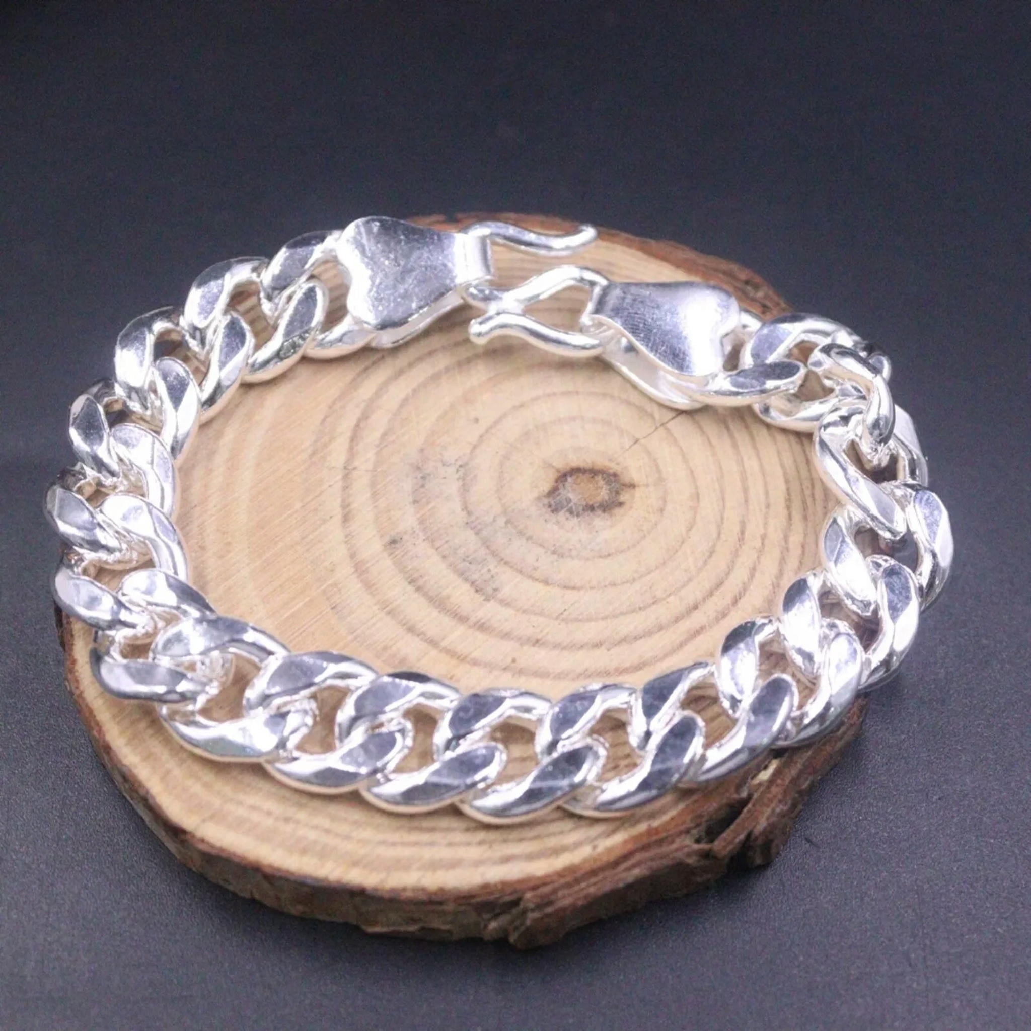 HOOUN Pure 999 Fine Silver Chain Men 12mm Cuban Curb Link Bracelet 60-61g/7.8inch