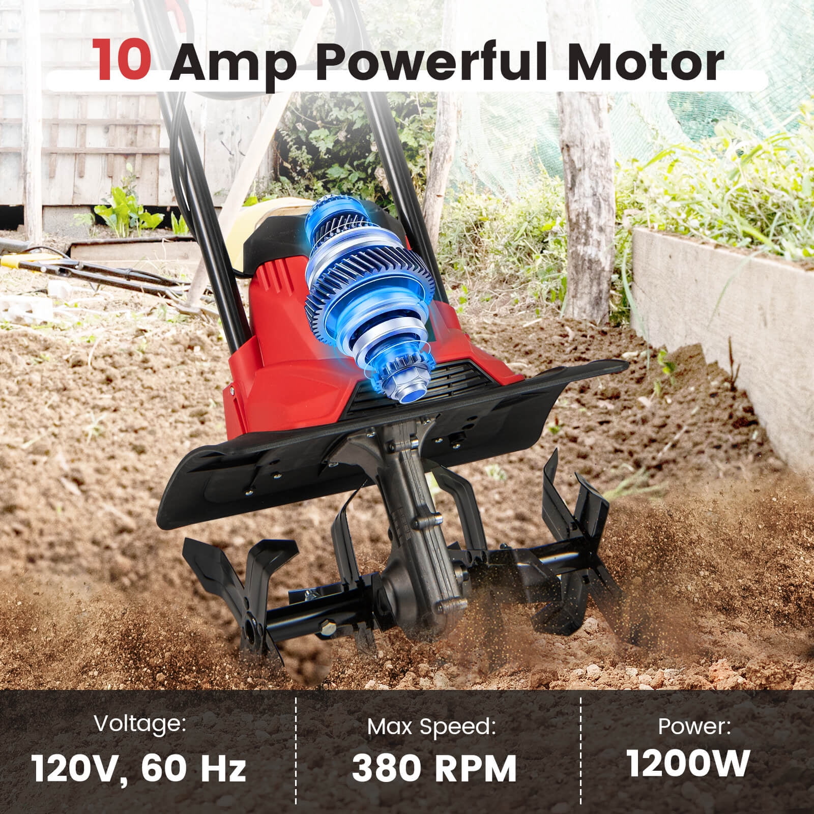 Costway Corded Electric Tiller Cultivator, 10 Amp Powerful Foldable Garden Rototiller Red