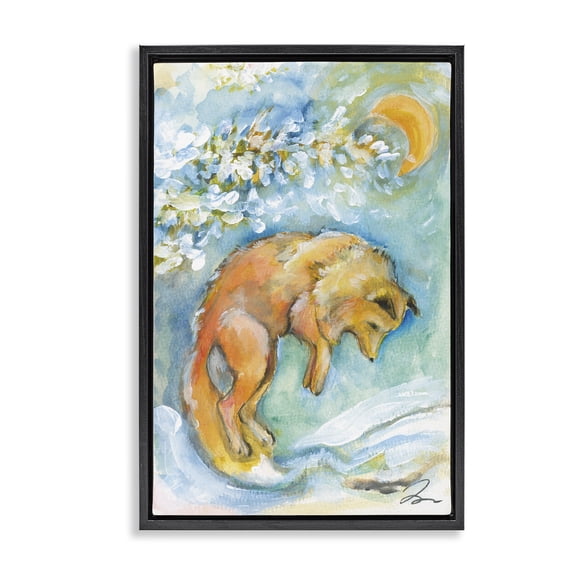 Stupell Industries Jumping Fox with Moon Overhead Animals Painting Black Floater Framed Canvas Art Print Wall Art, 17 x 25