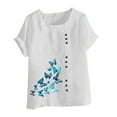 thumbnail image 4 of WREESH Womens Cotton Linen Shirts Loose Casual Print Regular Button Round Neck Short Sleeve Short Sleeves Top White, 4 of 5