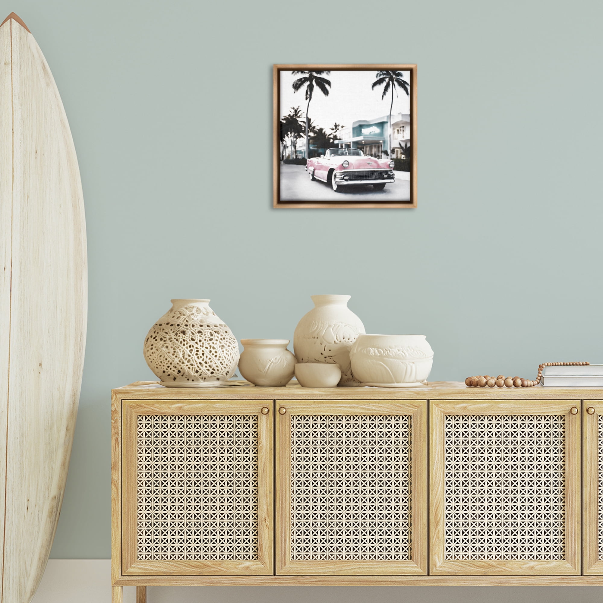 Stupell Industries Tropical Cruise Antique Car Transportation Painting Brown Floater Framed Canvas Art Print Wall Art, 18 x 18