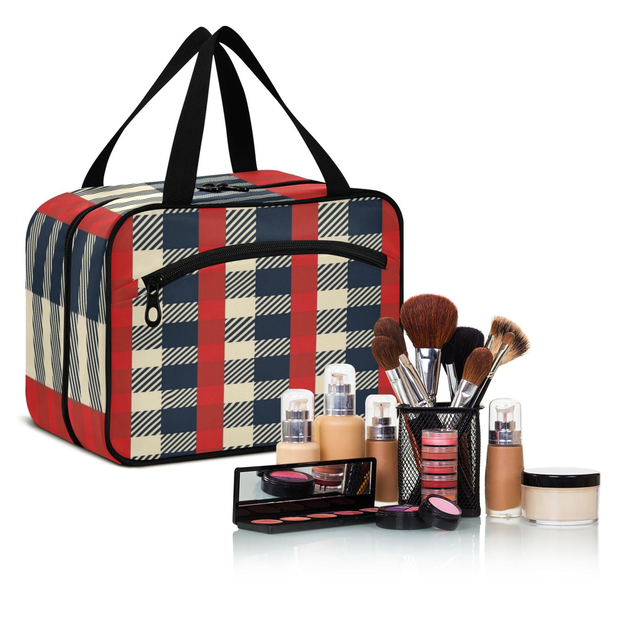 Travel Toiletry Bag with Metal Hook Large Capacity Cosmetic Bag Toiletry Bags for Travel, Gym, Camping Red Plaid Pattern