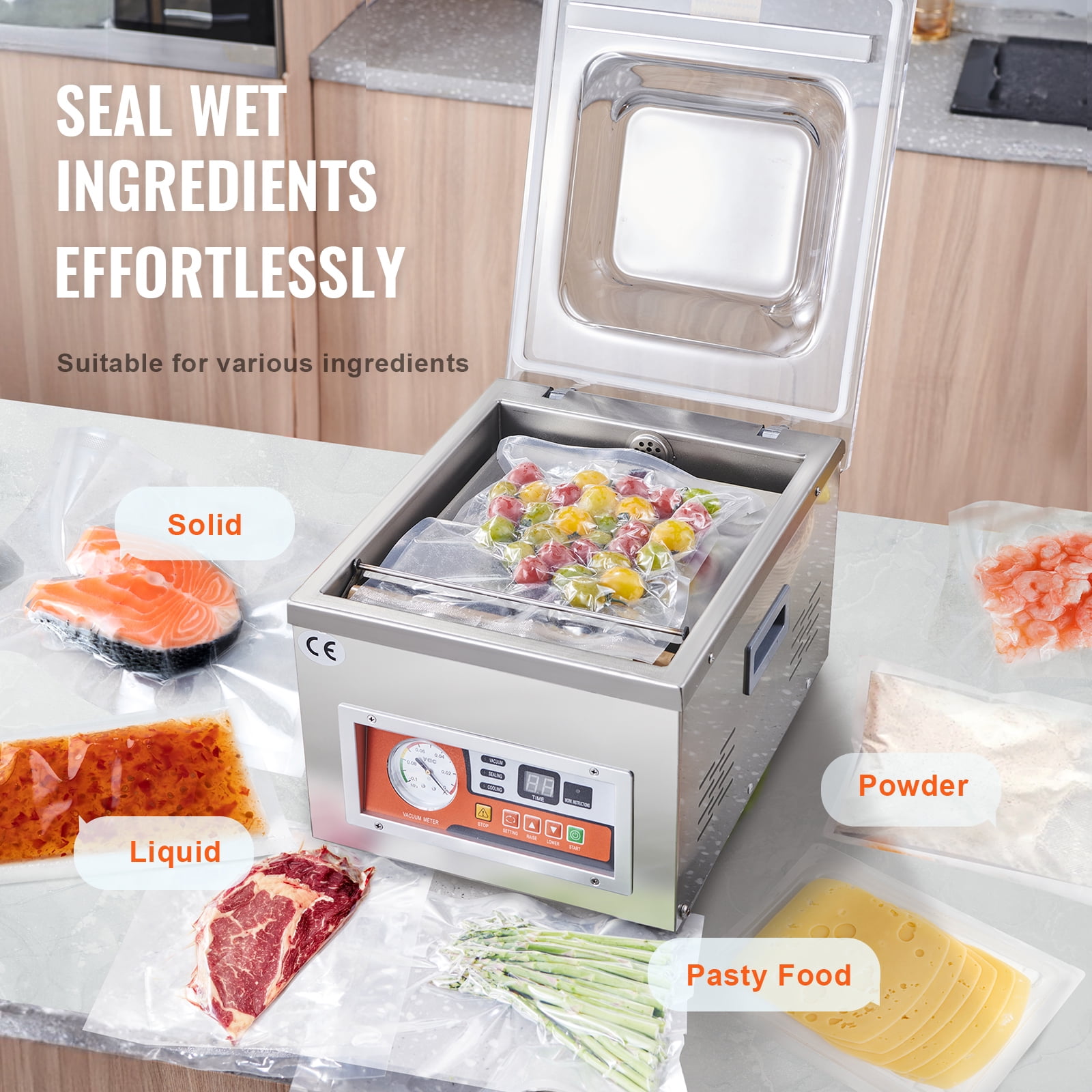 KFFKFF Chamber Vacuum Sealer, 260W Power, Vacuum Packaging Machine for Wet Foods, Meats, Marinades, and More, Compact Design with 10.2-inch Sealing Length