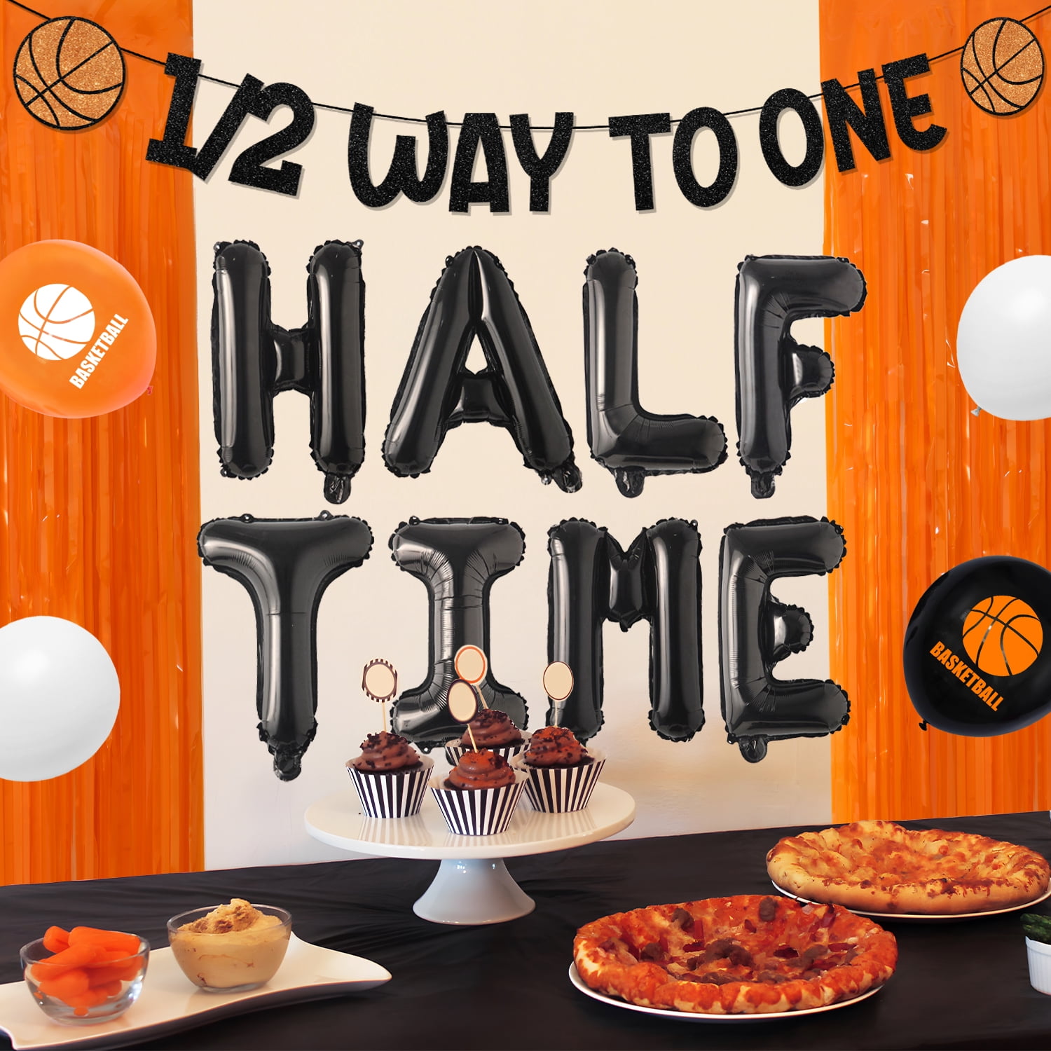 41Pcs Basketball Half Birthday Decorations 1/2 Way to One Banner Cake Topper Foil Curtain Half Time Basketball Foil Balloons Orange Black Latex Balloons for Boy Sports 6 Months Birthday Supplies
