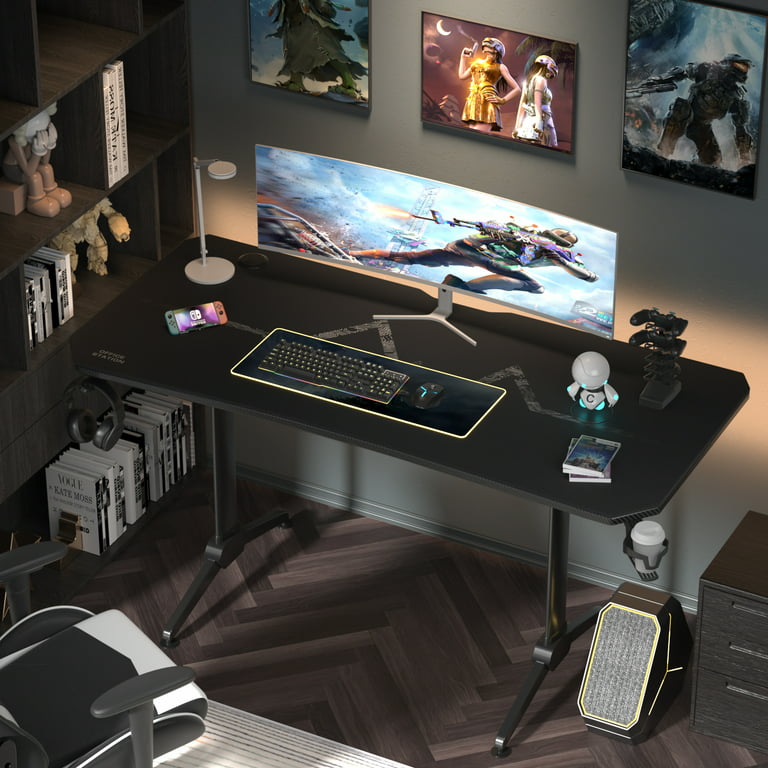 Homall 55 Inch Gaming Desk Y-Shaped PC Computer Gaming Office Desk with  Mouse Pad Home Office Study Carbon Fiber Surface Gamer Workstation With Cup 