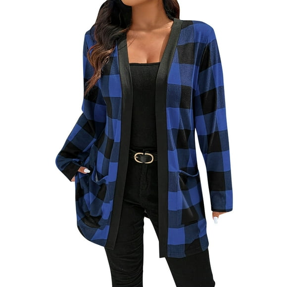 Mevxay Women's Plus Size Palid Cardigan Open Front Draped Snap Shirt Kimono Cardigan Oversized Dressy Work Overcoat Blue 3XL