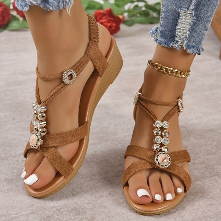 

DONGGTGDZ Elegant Women‘s Style Wedge Sandals with Criss Cross Band Elastic Strap Slip On Design - Comfortable and Stylish Open Toe Shoes for Casual Summer Outfits