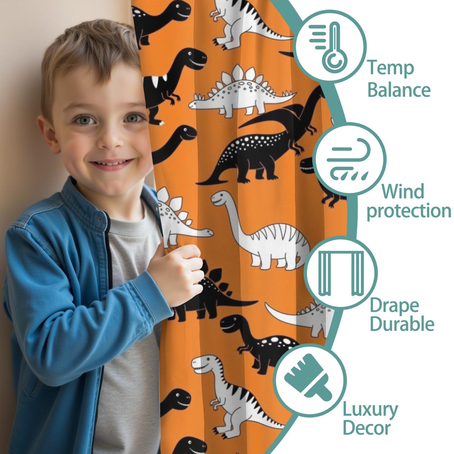 Blackout Kids Curtains,Orange Cartoon Black White Dinosaurs Pattern Childrens Insulated Curtains Set Of 2,Bedroom Essentials,Toddler Room Decor 52"x84"