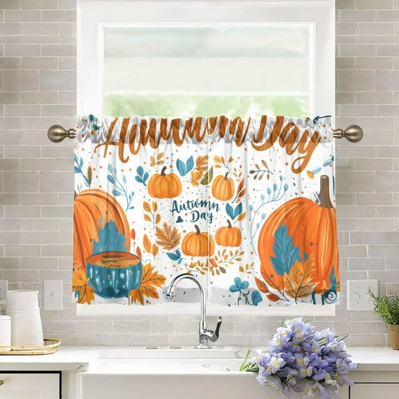 Yayeee Kitchen Curtains Tier Pair Light Filtering 27"x24" Rod Pocket Short Cafe Window Panel, Big Pumpkins