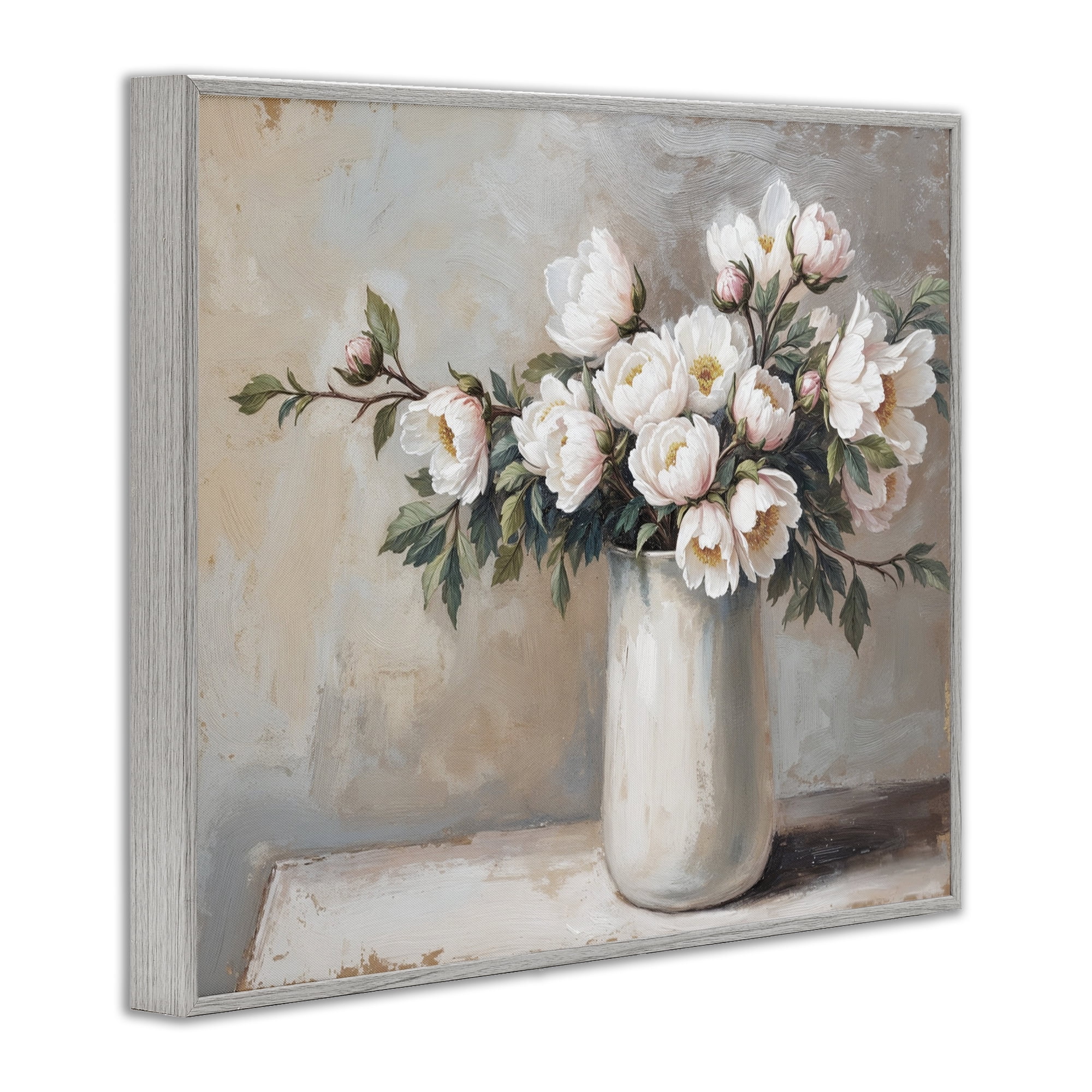 White Flowers in Vase Still Life Gray Framed Giclee Art, design by Lettered and Lined