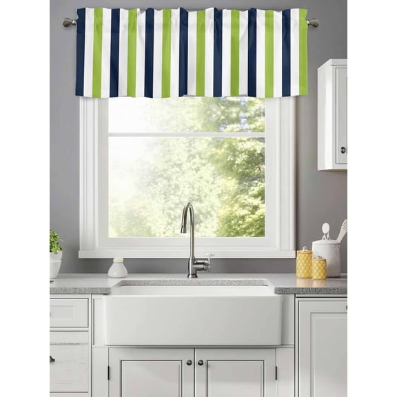 Navy Blue Grass Green Striped Valances for Windows,Kitchen Valance Rod Pocket Short Curtain,Classic Contrasting Lines Valance Curtain Window Valances for Bedroom Living Room 42x12in