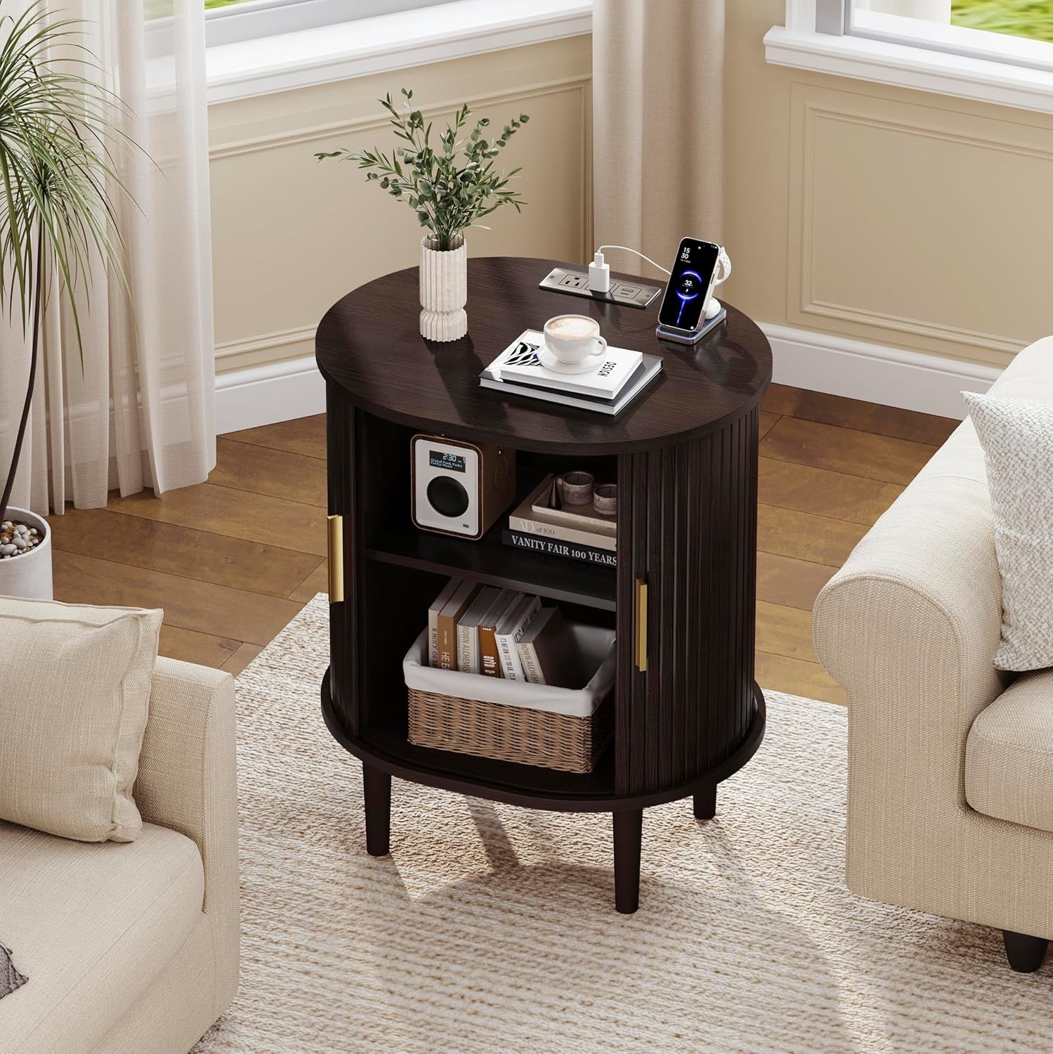 Nightstand with Charging Station, Fluted Accent Side Table with Sliding Door & Adjustable Shelf, End Table for Small Space, Living Room, Bedroom,Sofa Couch, Dark Walnut
