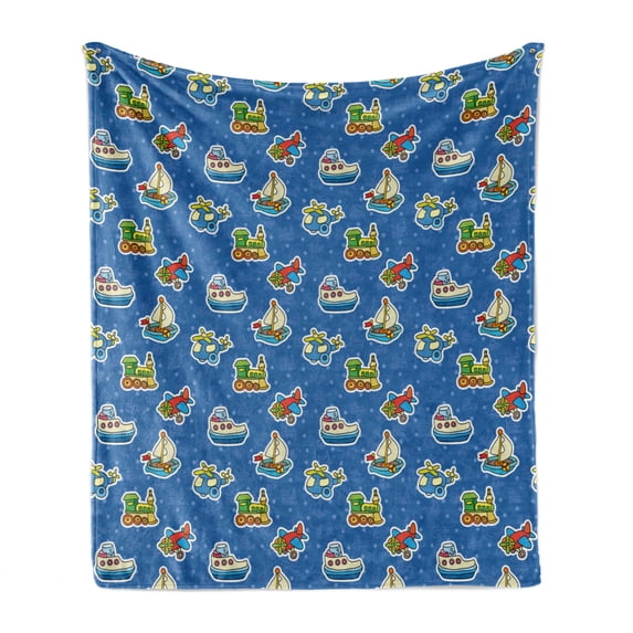 Plane Soft Flannel Fleece Throw Blanket, Toys Pattern Train Sail Boat Airplane Children Baby Playroom Art Design, Cozy Plush for Indoor and Outdoor Use, 60" x 80", Violet Blue Yellow, by Ambesonne