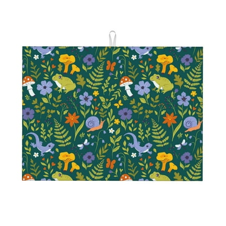 

Tebeau Forest Flora And Fauna Print Dish Drying Mat for Kitchen Counter Dish Drying Pad with Non-slip Rubber Backed Hide Stain Anti Absorbent for Kitchen Counter Drying Mat