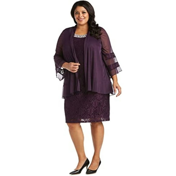 R&M RICHARDS Womens Purple Lace Glitter Embellished Open Front Jacket Sleeveless Scoop Neck Above The Knee Evening Sheath Dress 6