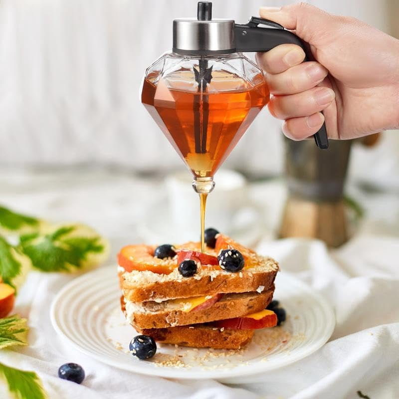 No-Drip Glass Honey Dispenser with Plastic Stand Bee Decorative Honey Storage Jar, Syrup Dispenser for Honey, Syrup - 8 oz-glass food containers for kitchen,best gift