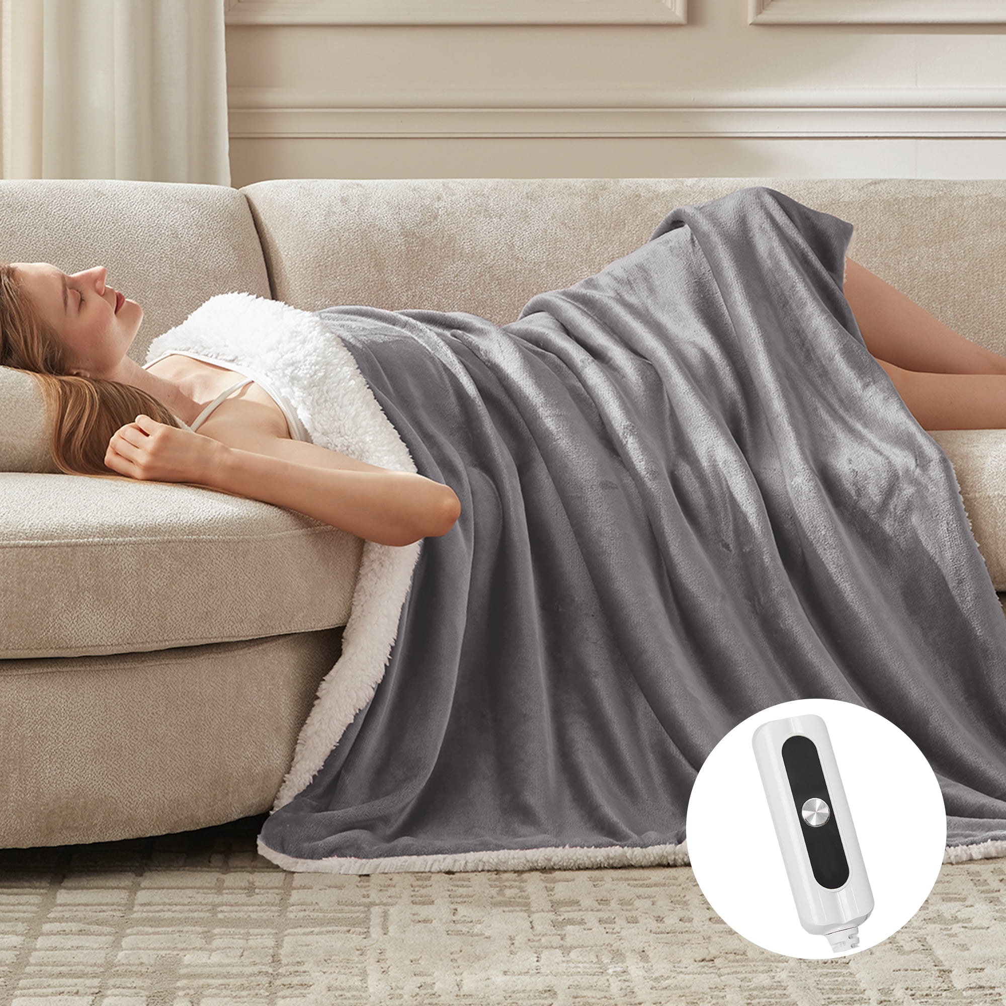 COZY@HOME Electric Blanket, Sherpa and Flannel Throw Size 50"x60", London Grey，Fast Heating 6 Heating Levels & 4H Auto-Off, Machine Washable
