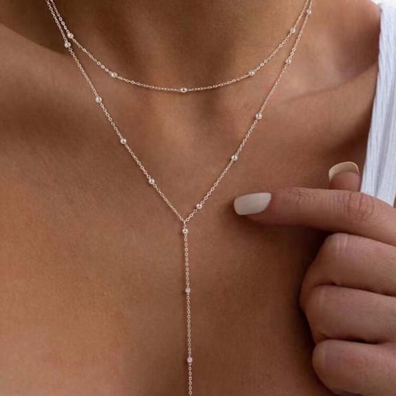 Double Layer Silver Y Shaped Beaded Choker Necklace with Elegant Locking Design Women Jewelry Christmas Gifts