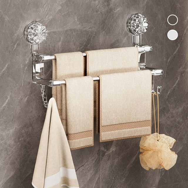 TACILIP Double Suction Cup Towel Rack Household Bathroom Towel Storage with Hooks DualPurpose Bathroom Storage for Wet and Dry Towels, Housewarming Gifts
