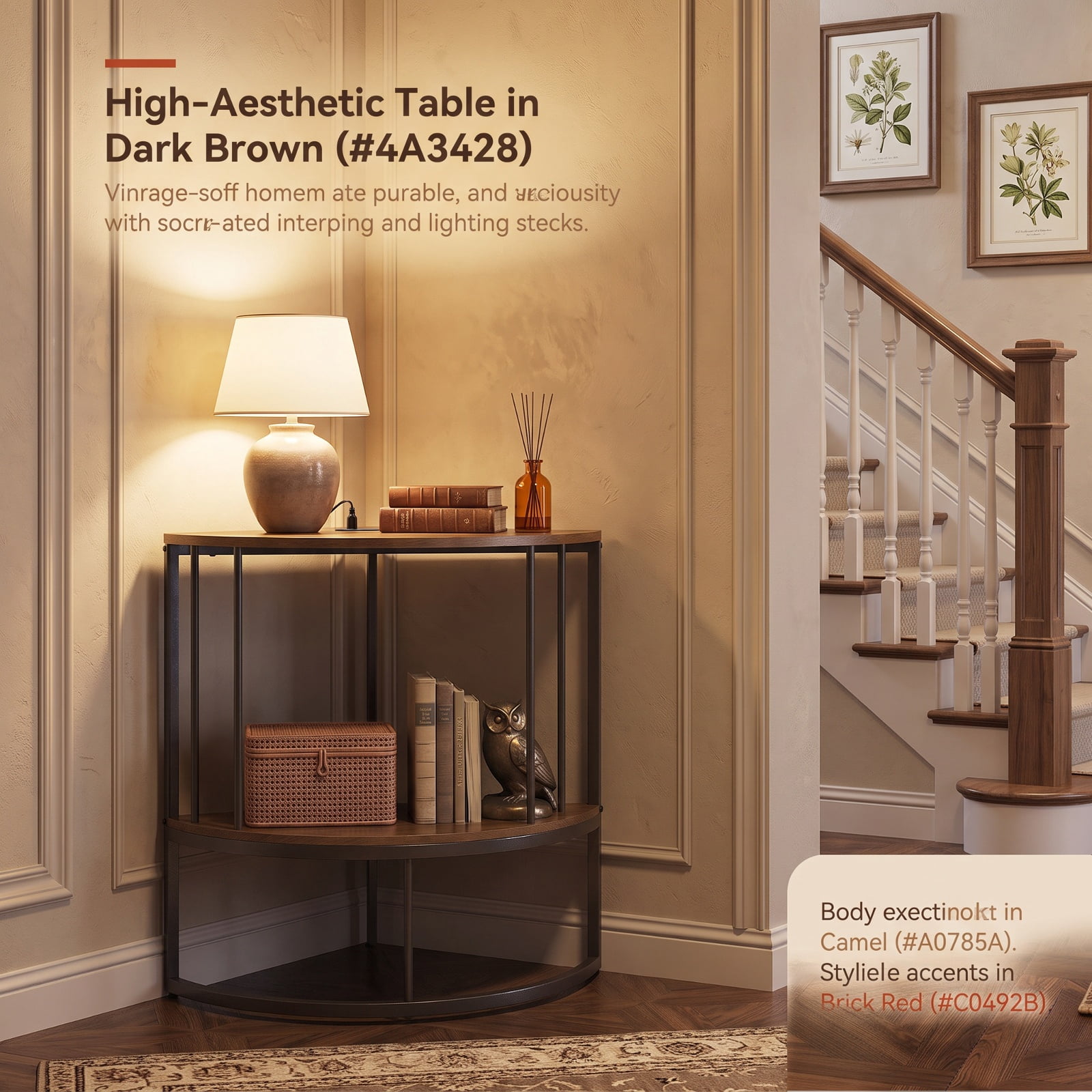 Furnibear 2 Tier Half Moon Console Table with Power Outlets and Storage Shelf for Entryway Hallway and Living Room Sofa, Rustic Brown