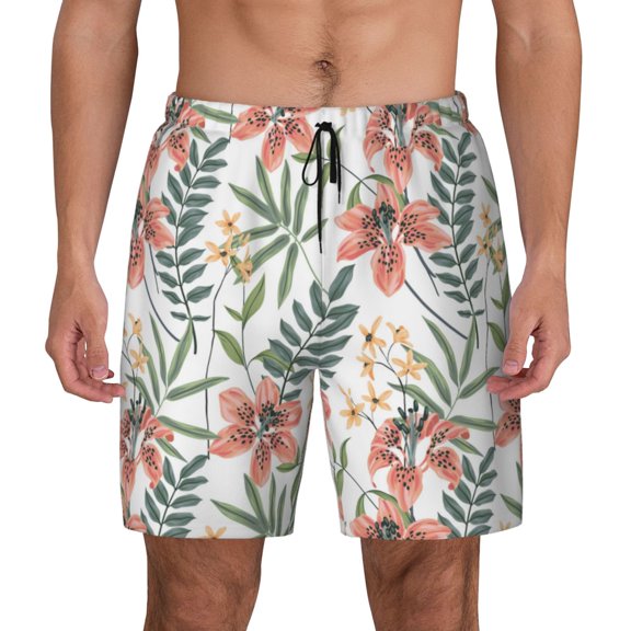 Fotbe Lilies Flowers Men’s Swim Trunks Quick Dry Swim Shorts Board Shorts with Mesh Lining-Small