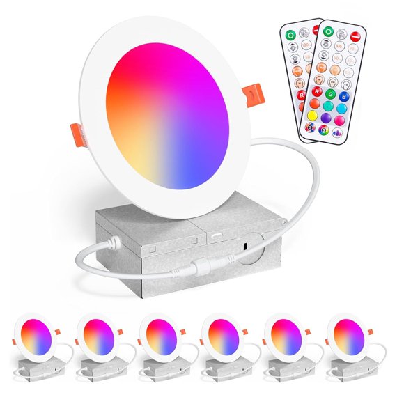 Éclairage Encastré 4 Pouces RGBCW Changement de Couleur 12W LED Downlights avec Boîte de Jonction, Lumière de Plafond Encastrée 1080lumens, Dimmable par Télécommande, Double Mémoire - Minuterie - 14 Couleurs Choi