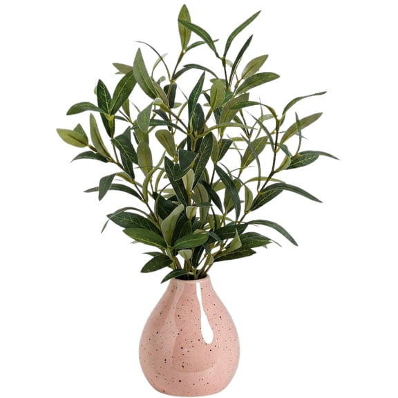 Artificial Olive Tree, 14 Inch Small Faux Potted Plant with White Ceramic Vase, Silk Fake Tree for Home Office Desktop Decor, Real Touch Faux Greenery for Indoor Modern Aesthetic Display, Pink