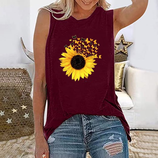 LOVZFMLL Tank Tops for Womens Tank Tops Casual Loose Fit Plus Size Sunflower Printed Tee