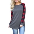 thumbnail image 1 of Las mujeres a cuadros raglán camiseta tops patchwork manga larga cuello redondo túnica camisa otoño otoño blusa suelta, 1 of 3