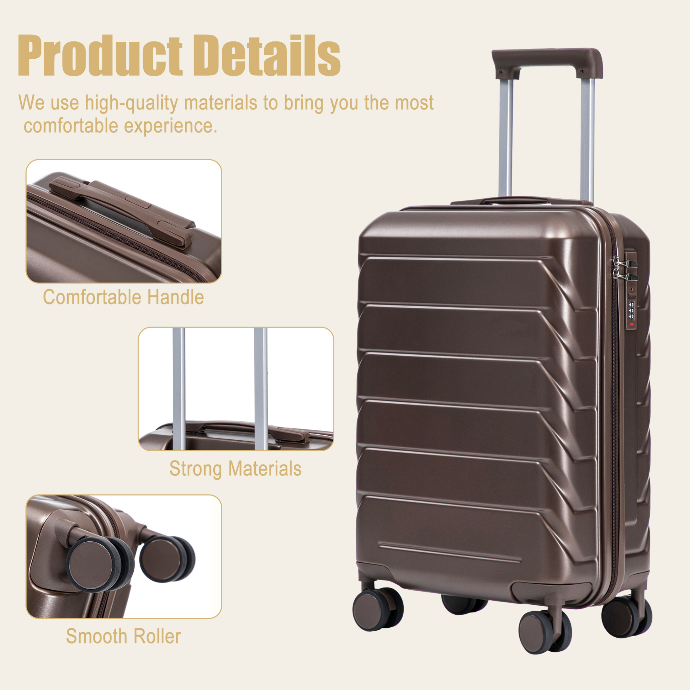 GDF Studio 20" Scratch-Resistant ABS Hard Shell Travel Luggage with 360° Spinner Wheels & Combination Lock, Brown