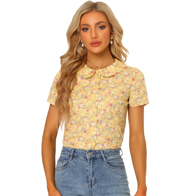 INSPIRE CHIC Blusa con estampado floral retro con cuello Peter Pan para mujer Amarillo M