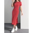 thumbnail image 5 of Women'S Crew Neck Short Sleeve All-over Striped Side Split Loose Midi Casual Dress Deep Red L, 5 of 6