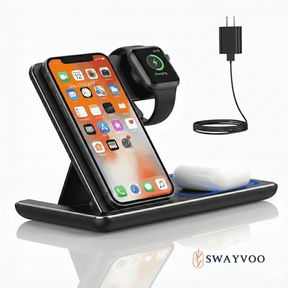 Swayvoo 15W Foldable 3 in 1 Fast Wireless Charger Type C Charging Station for Phone Earbuds and Smart Watch Black