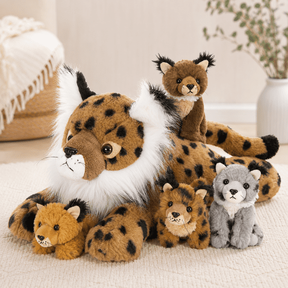 5-in-1 Spotted Cat Plush Set, Soft Large Wild Cat Stuffed Animal with 4 Baby Plush Toys, Zipper Storage Plush Playset for Kids, Room Decor and Gifts