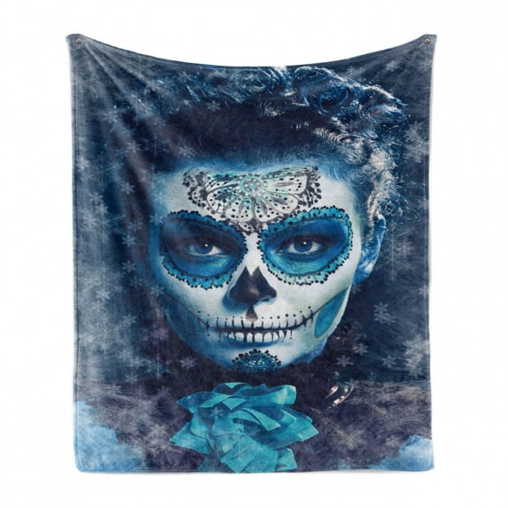 Sugar Skull Soft Flannel Fleece Throw Blanket, Santa Muerte Concept Winter Season Ice Cold Snowflakes Frozen Dead Folkloric, Cozy Plush for Indoor and Outdoor Use, 60" x 80", Multicolor, by Ambesonne