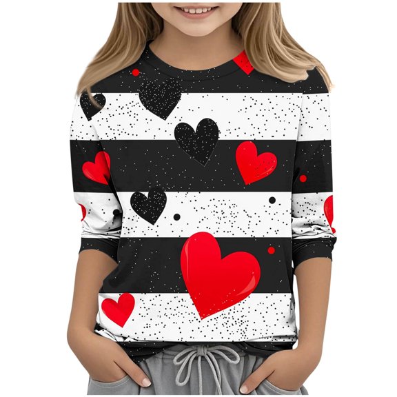 BaoFuBaoMei Boys Girls Graphic Tees and Tops Valentines Heart Long Sleeve Pullover Shirt Slim Crew Neck Fall Outfits for School Party Classroom Celebration
