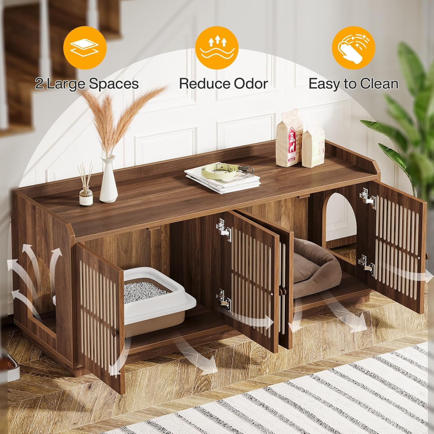 Tribesigns 55.1-Inch Cat Litter Box Enclosure, Extra Large Hidden Litter Box Furniture with 2 Cabinets and Side Entrance for Living Room, Rustic Brown