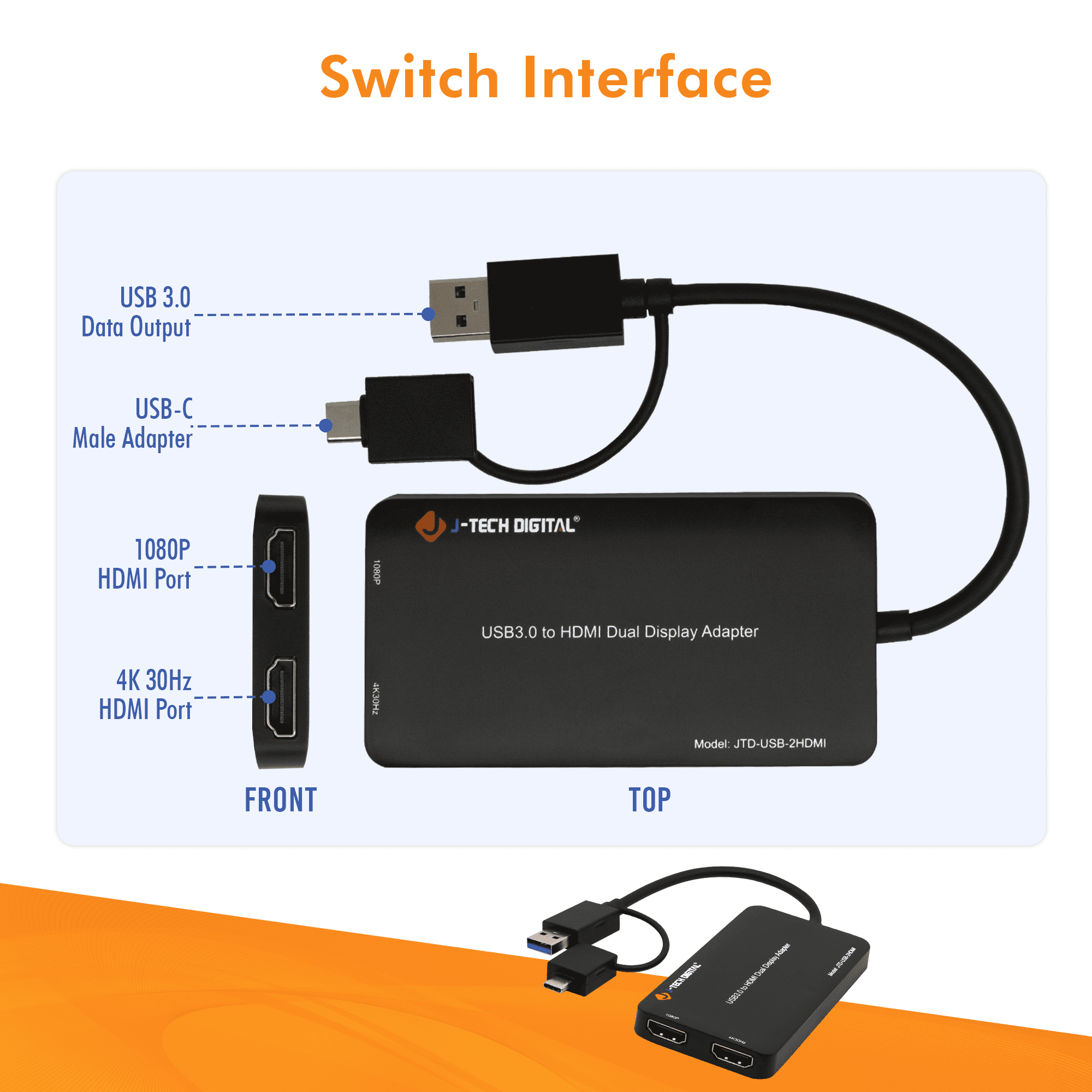 USB 3.0 (Type A/C) to Dual HDMI 4K 30Hz & 108P 60Hz Display Adapter | Features USB-A or USB-C Inputs, USB Powered, Mirror, Extend, Rotation, Clamshell Modes by J-Tech Digital [JTD-USB-2HDMI]