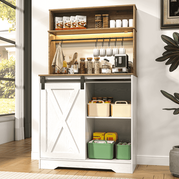 EVOKEDEN Farmhouse Coffee Bar Cabinet w/ LED Light 55'' Bakers Rack w/ Storage White