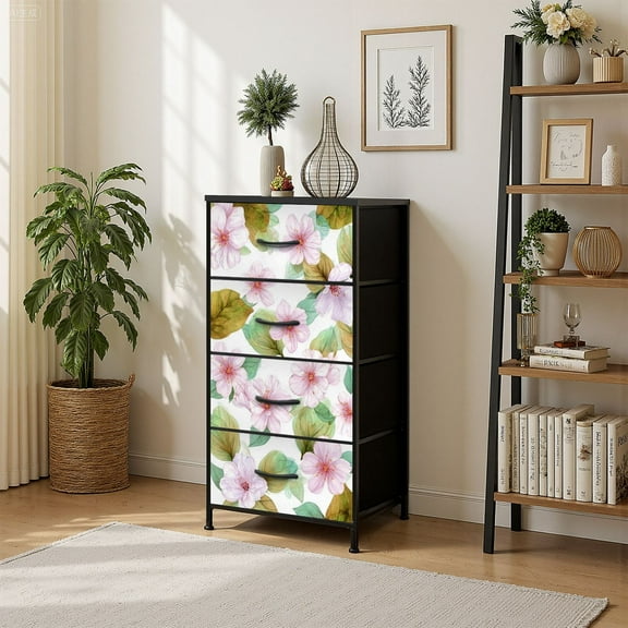4 Drawer Vertical Storage Dresser beautiful floral cherry blossom with Wood Top Fabric Pull Drawers